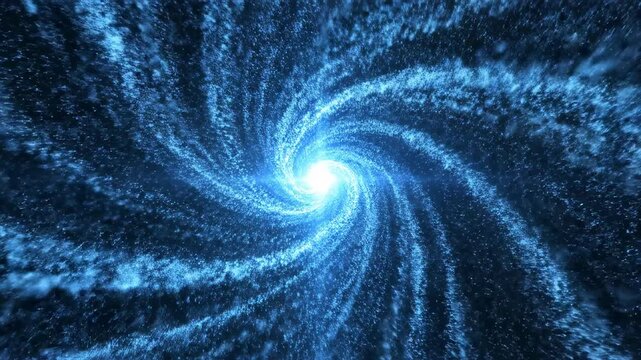 Chaotic digital cloud of glowing blue particles rapidly swirling into a gravitational center point in dark space loopable, vortex, stream