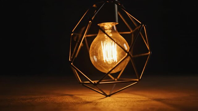 Cinematic close-up of a modern minimalist suspended geometric light fixture gently swinging and casting warm shadows against an empty dark background future, gently swinging, clean aesthetic