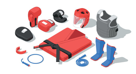 Martial arts training gear collection with boxing gloves, red gi, and protective equipment