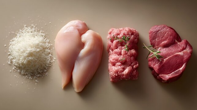 Brightly lit flatlay features fresh chicken breast, ground meat, and red meat, artfully displayed alongside white rice, inviting creativity in meal preparation