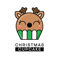 Cute reindeer cupcake cartoon character. Kawaii Christmas deer muffin vector illustration with text. Sweet holiday dessert icon isolated on white background.