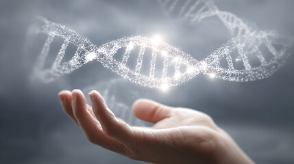 Hand holding glowing digital D N A helix with bright lights against dark background image