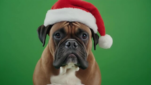 Boxer dog wearing a Santa hat against a green background.