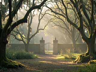 Misty morning sunlight filtering through ancient moss-draped oak trees illuminating a grand