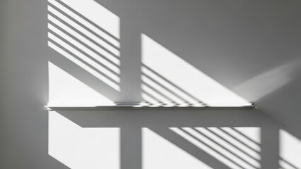 Abstract interplay of light and shadow creating geometric patterns on a white wall, minimalist aesthetic.