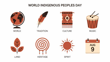 Eight icons illustrating concepts related to World Indigenous Peoples Day