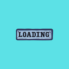 Cartoon loading bar sign waits on bright cyan background