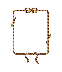 Cartoon groovy square rope frame with knotted corners and a decorative looped knot on top. Vector pirate and corsair object and tool, rectangular twisted rope border. Nautical and rustic thick cord