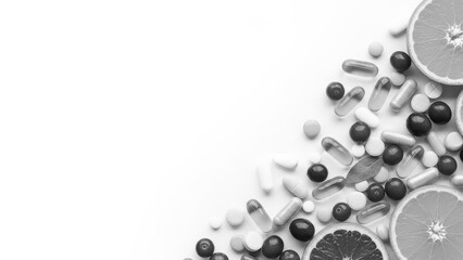 Assortment of colorful vitamin pills and fresh citrus fruits on a white background, promoting health and wellness.