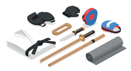 Martial arts equipment set with karate gi and training weapons for combat practice