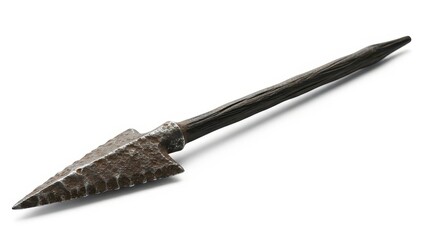 Ancient weathered metal arrowhead with wooden shaft on white background.