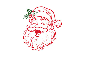 Cheerful santa claus head line art illustration with holly, perfect for holiday christmas designs isolated on transparent background 
