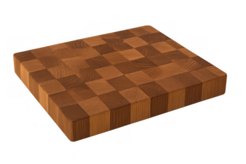 Wood end grain cutting board with checkerboard pattern, kitchen utensil for chopping food on transparent background