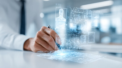 Hand interacting with futuristic holographic interface displaying data futuristic technology data visualization