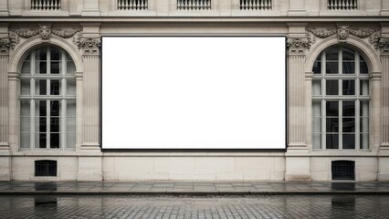 Blank Billboard on a Historic Building Facade with Arched Windows.