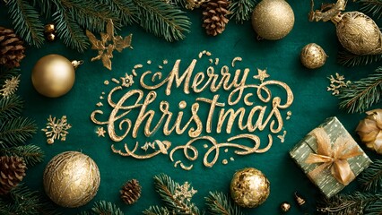 Luxury Christmas background featuring gold glittering Merry Christmas script, festive pine branches, classic ornaments, and gifts on deep emerald green velvet texture.