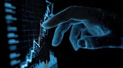 Navigating the Digital Realm: A close-up shot captures a hand interacting with a glowing screen displaying a dynamic chart, hinting at the intricacies of data analysis and technological innovation.