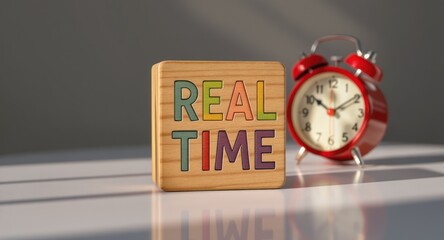Wooden block spells "REAL TIME" beside a red alarm clock, lit by sunlight