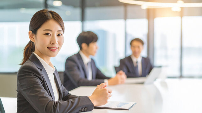 会議で微笑む女性