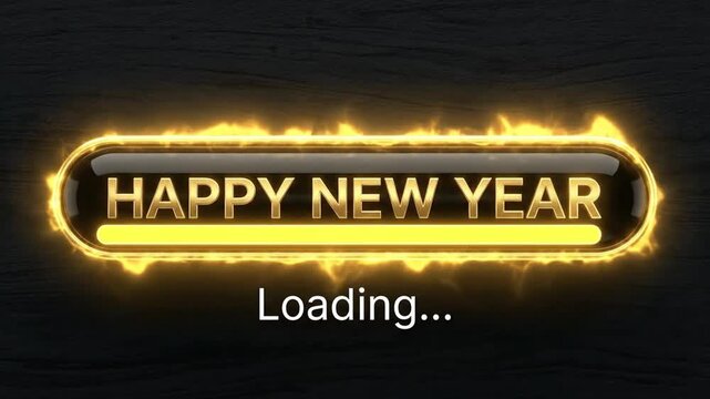 Glowing Happy New Year Loading Bar with Fiery Gold Effect on Dark Digital Background, Anticipating New Beginnings