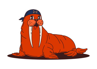 Cartoon funny walrus funny animal pirate and corsair character with a sharp tusks. Isolated vector morse sea creature filibuster, wearing sailor bandana. Charismatic filibuster underwater personage © Buch&Bee