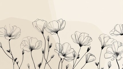 Naklejka premium A black and white illustration of a floral arrangement with poppies and other flowers, set against a neutral background with a soft, blurred texture.