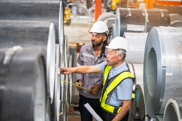 Inspection and measurement of steel coils manufacturing facility industrial process warehouse...