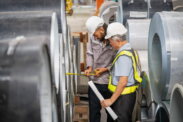 Warehouse workers measuring steel rolls manufacturing facility photography industrial setting close-up view precision work