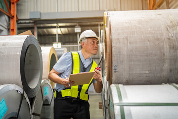Worker inspecting industrial materials in warehouse quality control process indoor close-up manufacturing environment