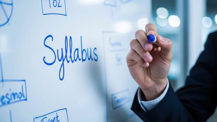 Businessman Writing Syllabus on Whiteboard in Office.