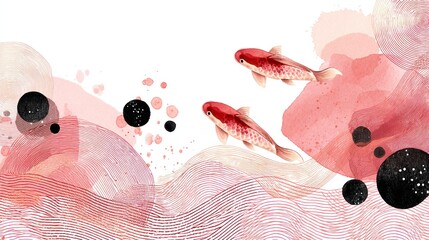 Three red and gold fish swimming in a pink and black watercolor background with abstract waves and circles.