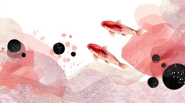 Three red and gold fish swimming in a pink and black watercolor background with abstract waves and circles. - Powered by Adobe