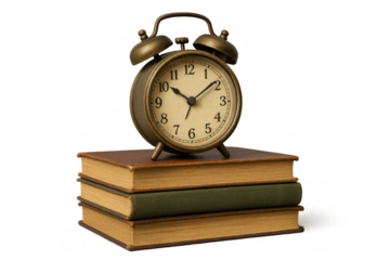 Vintage alarm clock on stacked old books representing learning, deadlines, and education time