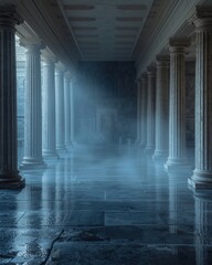 Mysterious Ancient Greek Colonnade bathed in ethereal light and swirling mist