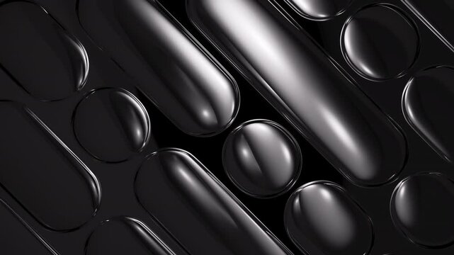 Abstract minimalist geometric background. Futuristic 3D animation of glossy black bubbles morphing and pulsing in a seamless grid. Cycled 3d animation