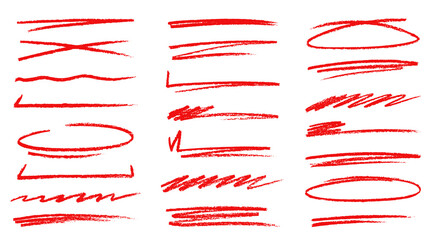 Doodle red crayon pencil hand drawn highlight and underline lines vector set. Straight, dashed, zigzag and curved sketchy, textured marker scribbles, and stroke templates for highlighting text