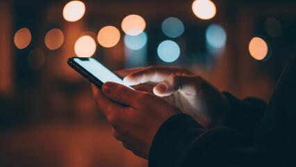 Hands holding a smartphone with glowing screen at night.