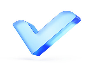 Checkmark icon. Approve symbol. Blue glass check mark icon. 3d Check mark icon transparent background