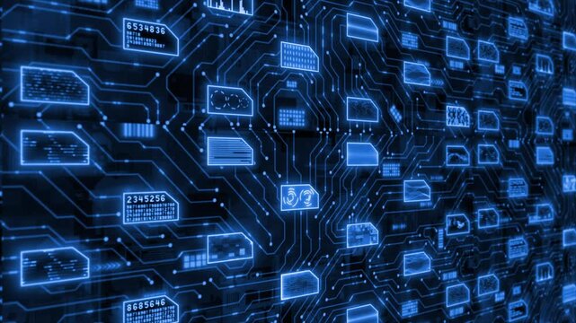 Royal blue color complex data transfer binary code big data hi tech matrix design black technology background