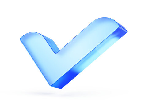 Checkmark icon. Approve symbol. Blue glass check mark icon. 3d Check mark icon transparent background