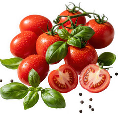 Fresh tomatoes and basil isolated on transparent background