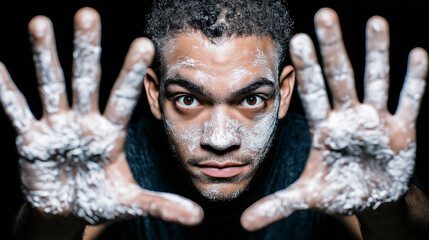 Focused Man with Powder on Face and Hands Showing Open Palms Toward Camera