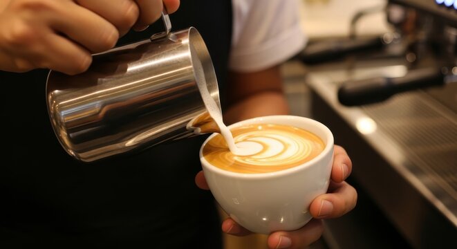 Skilled hands create intricate design while pouring steamed milk into a ceramic cup of coffee - Powered by Adobe