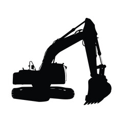 Black silhouette of a heavy duty excavator digging on a white background