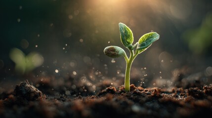 Growth in Sunlight: A delicate green sprout emerges from the dark, rich soil, bathed in the soft glow of sunlight, embodying life's resilience and nature's quiet beauty.
