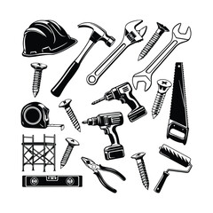 Fototapeta premium Collection of hand drawn construction tools and safety equipment silhouette