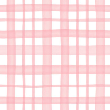 seamless two-dimensional pastel pink and white gingham pattern featuring irregular, wavy, hand-drawn watercolor lines and subtle texture, visualizing a gentle and sweet design concept
