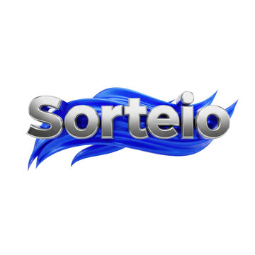 Photorealistic 3d render of the bold, reflective silver chrome word "sorteio," centered on a transparent background, underlined by a vibrant electric blue swoosh. Promotional contest graphic
