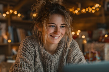 Joyful woman making video call over laptop on Christmas day at home.