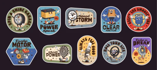 Fototapete Rund Cartoon Auto Cartoon spare parts groovy label stickers and hippie character patches. Vector auto spare parts retro patch stickers with cartoon groovy car wheel, vehicle engine, gear, motor oil filter and battery  © Buch&Bee